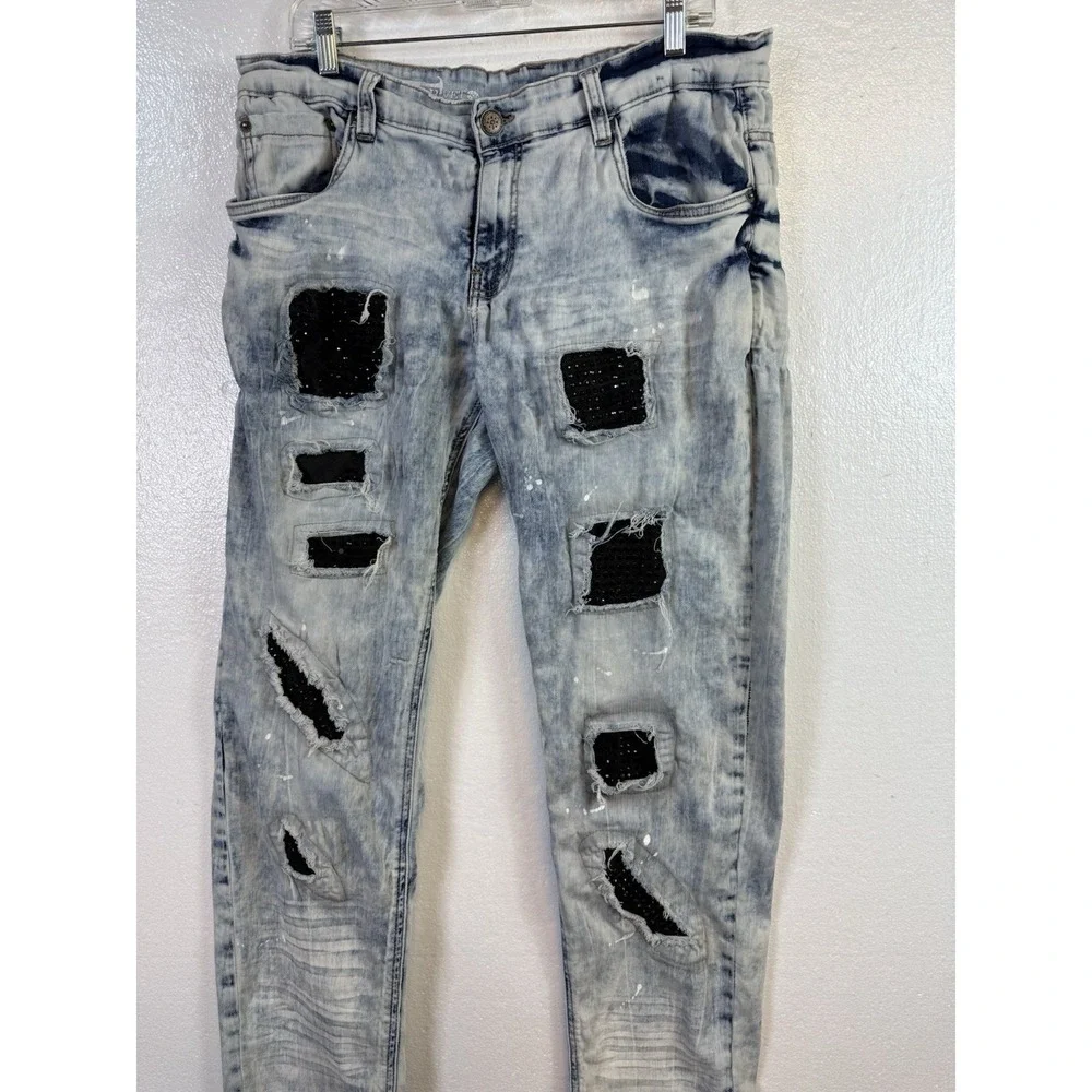 Copper Rivet Jeans Mens 34x32 Blue Paint Splatter Distressed Slim Fit Stone Wash - Picture 2 of 12